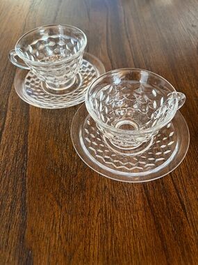 Elegant Vintage MCM Fostoria American TEA FOR TWO Glass Teacups w/Saucers XLNT